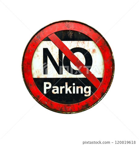 A round, red and white sign with a slash through the word "NO" and the word "PARKING" beneath it, isolated on a transparent background. 120819618