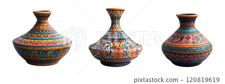 Three views of an ornamental vase, adorned with intricate, colorful patterns, are presented. Three views of an ornamental vase, adorned with intricate, colorful patterns, are presented. 120819619