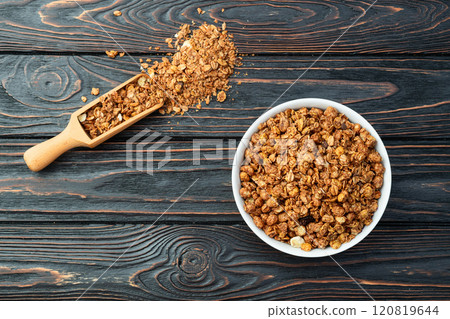 Homemade grain granola . Healthy energy eating . Top view 120819644