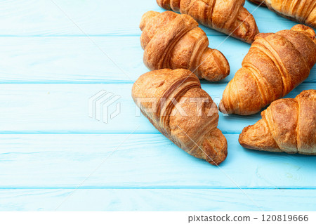 Group of sweet croissant . French morning breakfast . Top view 120819666