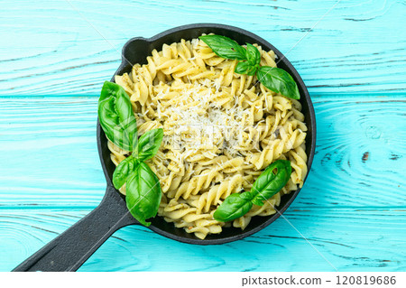 Pasta with basil sauce pesto . Italian food photography . Top view 120819686