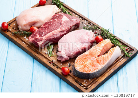 Mix of raw meat and fish . Salmon , beef , pork , chicken staek . Top view 120819717