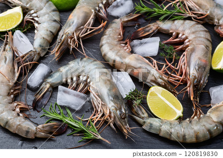 Raw big tiger ( king ) shrimps photography . Top view Raw big tiger ( king ) shrimps photography . Top view 120819830