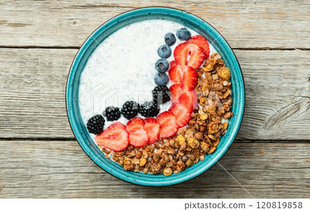 Healthy breakfast . Yogurt with berries ( strawberry , raspberry , blueberry , blackberry ) , granola and chia seeds . Top view Healthy breakfast . Yogurt with berries ( strawberry , raspberry , blueberry , blackberry ) , granola and chia seeds . Top view 120819858