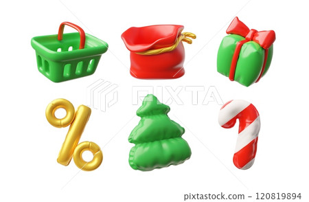 3D gift box, shopping basket, candy cane, percentage sign and firtree from an inflated balloon Christmas sale vector set 3D gift box, shopping basket, candy cane, percentage sign and firtree from an inflated balloon Christmas sale vector set 120819894