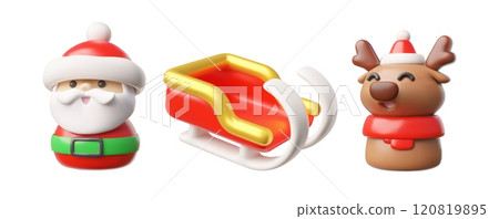 3D illustration of Santa Claus with a reindeer and snow sleigh on a white background. 3D illustration of Santa Claus with a reindeer and snow sleigh on a white background. 120819895