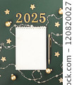 White blank sheet of notepad on green table top view. Figures 2025 concept of planning for year setting goals making wishes checklist. Vertical background with copy space 120820027