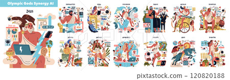 Olympic Gods Synergy AI set. Ancient deities merged with modern technology and artificial intelligence. Myth meets data-driven society in a playful twist. Vector illustration. 120820188