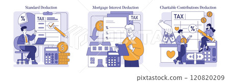 Tax Deduction set. Exploring different types of tax deductions: standard, mortgage interest, and charitable contributions. Financial literacy and planning. Vector illustration. 120820209