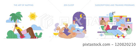Sleepmaxxing set. Methods for improving rest with napping, Zen sleep practices, and sleep education programs. Vector illustration. 120820210