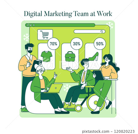 Green Monday concept. Professionals brainstorming in sustainable marketing campaign. Environmentally conscious business strategies and sales. Vector illustration. 120820223
