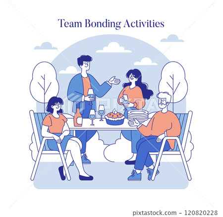 Team Bonding Activities concept. Colleagues gather outdoors for a meal, sharing leisure time to strengthen workplace relationships. Outdoor interaction, social connection. Vector illustration. Team Bonding Activities concept. Colleagues gather outdoors for a meal, sharing leisure time to strengthen workplace relationships. Outdoor interaction, social connection. Vector illustration. 120820228