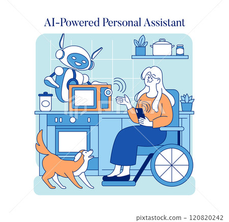 Adaptive technology concept. A person in a wheelchair interacting with an AI robot at home, showcasing assistive tech for disabilities. Vector illustration. 120820242
