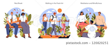 Wellness break set. Professionals relaxing on bench, hiking for health, and practicing outdoor meditation. Promoting mental health and work-life balance. Vector illustration. Wellness break set. Professionals relaxing on bench, hiking for health, and practicing outdoor meditation. Promoting mental health and work-life balance. Vector illustration. 120820251