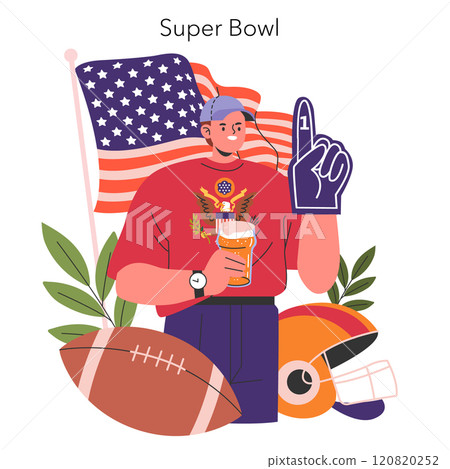 Super Bowl celebration concept. Enthusiastic fan with American flag, foam finger, and beer alongside football and helmet. Sports event spirit captured in a vector illustration. 120820252