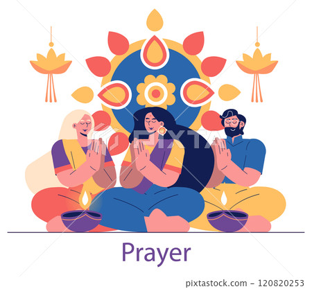 Diwali celebration concept. Family performing traditional prayers with festive design elements. Cultural devotion, bright decorations, and oil lamps. Vector illustration. 120820253