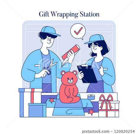Gift Wrapping Station concept. Employees prepare presents at a station with festive enthusiasm. Service, teamwork, and holiday preparation scene. Vector illustration. Gift Wrapping Station concept. Employees prepare presents at a station with festive enthusiasm. Service, teamwork, and holiday preparation scene. Vector illustration. 120820254