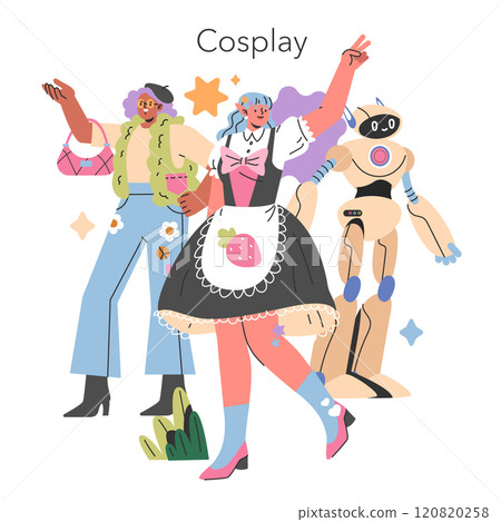 Gen Z Hobbies concept. Diverse group engaging in cosplay, expressing creativity through costume design and role-play. Vector illustration. Gen Z Hobbies concept. Diverse group engaging in cosplay, expressing creativity through costume design and role-play. Vector illustration. 120820258