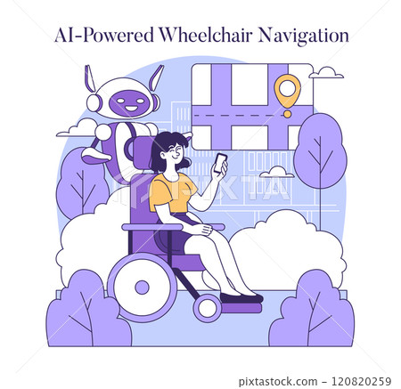 AI-Assisted Mobility for the Disabled. A person in a wheelchair uses a smartphone app for navigation with a helpful robot. Vector illustration. 120820259