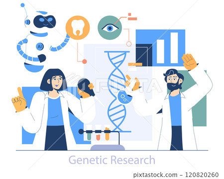 Longevity clinic concept. Modern genetic research for advanced healthcare. Scientists with DNA helix, AI robot, and medical symbols. Vector illustration. 120820260