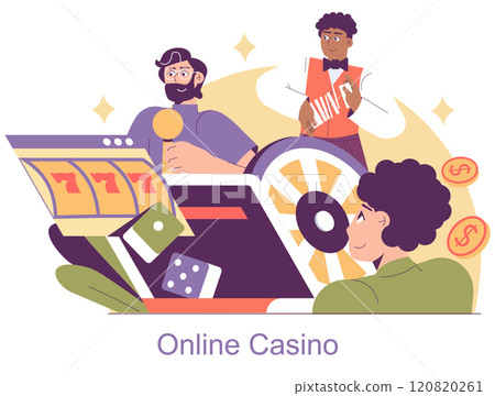 iGaming concept. Players engage with an online casino, finding excitement in roulette, slots, and the thrill of potential wins. Lively digital gaming atmosphere. Vector illustration. 120820261