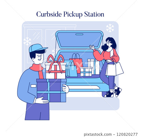 Curbside pickup station concept. Busy holiday shopping with contactless gift collection. Safe retail service during festive season. Vector illustration. Curbside pickup station concept. Busy holiday shopping with contactless gift collection. Safe retail service during festive season. Vector illustration. 120820277