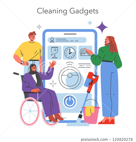 House cleaning concept. Diverse people with modern cleaning gadgets interacting with a large smartphone interface. Inclusive home cleanliness technology. Vector illustration. 120820278