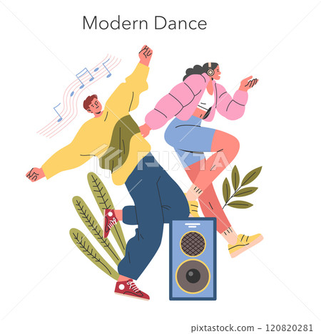 Modern Dance concept. Two people enjoy dancing to music from a speaker, depicting the joy of movement. Expression in dance, listening to tunes. Vector illustration. Modern Dance concept. Two people enjoy dancing to music from a speaker, depicting the joy of movement. Expression in dance, listening to tunes. Vector illustration. 120820281