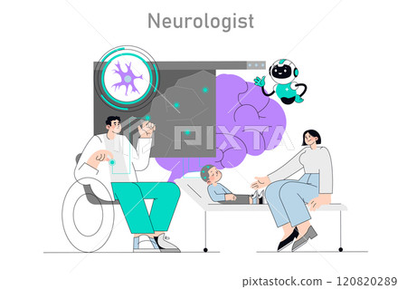 Pediatric neurology concept. Child patient visits neurologist with advanced technology assistance. Medical care, child health, modern treatment. Vector illustration. 120820289