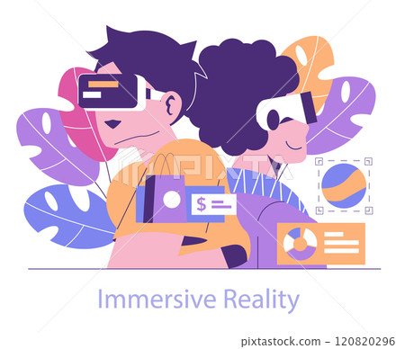 Immersive Reality concept. Users with VR headsets explore virtual environments for entertainment and shopping. Digital interface immersion. Vector illustration. 120820296