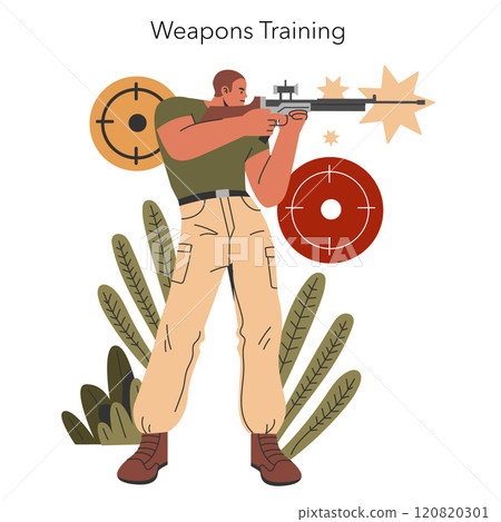 Military training concept. Soldier in uniform aiming rifle at target, practicing precision shooting. Preparedness and focus in defense training. Vector illustration. 120820301