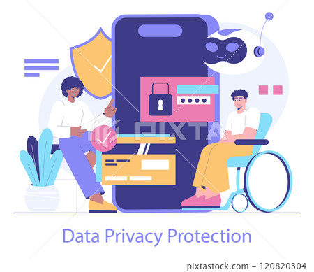 AI Cybersecurity concept. Digital shield ensures safe internet browsing as users interact with protected data. Secure online transactions. Vector illustration. 120820304