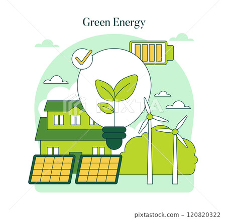 Green Energy concept. Illustration of renewable power with solar panels, wind turbines and an eco-friendly house. Sustainable living and clean energy sources. Vector illustration. 120820322