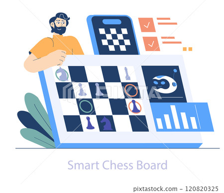 AI Hobbyist concept. Enthusiast with an electronic chessboard interfacing with artificial intelligence. Strategic game enhancement with tech. Vector illustration. AI Hobbyist concept. Enthusiast with an electronic chessboard interfacing with artificial intelligence. Strategic game enhancement with tech. Vector illustration. 120820325