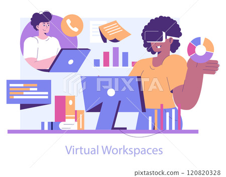 Immersive Reality concept. Professionals engaging in virtual workspaces with advanced technology. Remote collaboration through VR interface. Vector illustration. 120820328