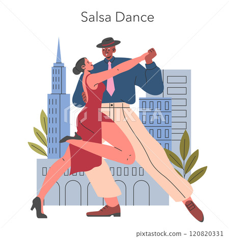 Salsa Dance concept. A couple performs a vibrant salsa move against an urban backdrop. Celebrating the rhythm and connection of dance. Vector illustration. 120820331