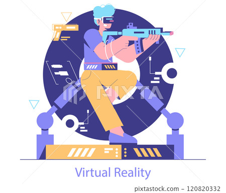 Esport concept. A player in virtual reality gear engages in competitive gaming, immersed in a digital world. Dynamic representation of VR gaming experience. Vector illustration. 120820332
