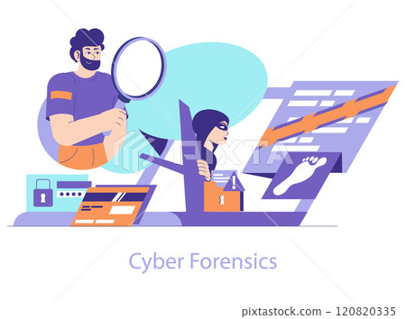 Cyber Forensics concept. Experts analyze digital evidence and trace cybercrimes in a high-tech environment. Digital investigation and cybersecurity. Vector illustration. Cyber Forensics concept. Experts analyze digital evidence and trace cybercrimes in a high-tech environment. Digital investigation and cybersecurity. Vector illustration. 120820335