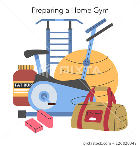Home Gym Setup concept. A collection of fitness equipment for workouts at home. Exercise bike, weights, and yoga ball for health and fitness routines. Vector illustration. Home Gym Setup concept. A collection of fitness equipment for workouts at home. Exercise bike, weights, and yoga ball for health and fitness routines. Vector illustration. 120820342