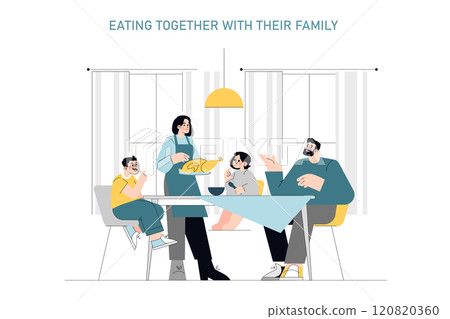 Family mealtime concept. A warm scene of four family members enjoying a meal together at home. Domestic harmony and food bonding moments. Vector illustration. Family mealtime concept. A warm scene of four family members enjoying a meal together at home. Domestic harmony and food bonding moments. Vector illustration. 120820360