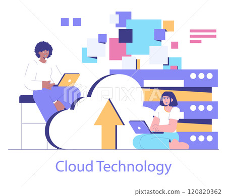 Cloud Technology concept. Professionals interact with cloud computing systems for data access and storage. Seamless collaboration and digital workflow in the modern tech environment. Vector 120820362