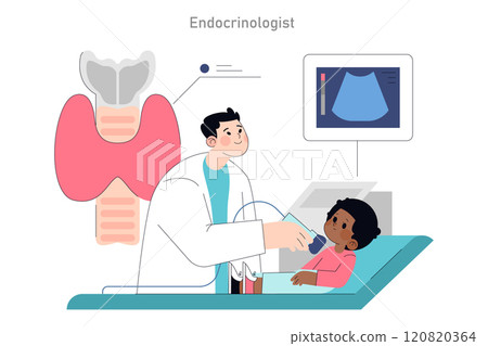 Pediatric Endocrinologist Visit concept. A doctor examining a child's thyroid gland with an ultrasound machine. Health care and medical examination. Vector illustration. 120820364