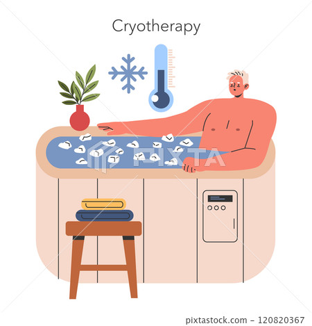 Cryotherapy concept. Man undergoing a cold treatment in a cryo bath filled with ice cubes. Alternative medicine and wellness therapy. Vector illustration. 120820367