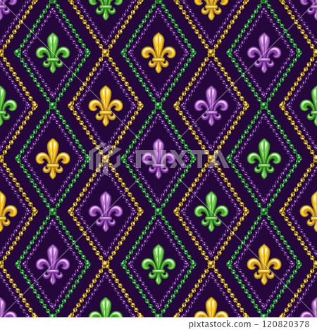 Geometric beaded pattern with fleur de lis symbol in center of grid cells. Diagonal diamond shaped rhombus grid, ornament. Decoration for Mardi Gras carnival. Vintage style illustration 120820378