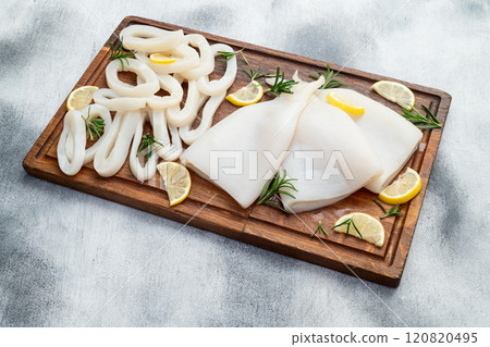 Squid tube and ring photography . Seafood top view Squid tube and ring photography . Seafood top view 120820495