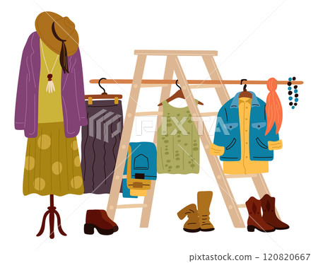 Garage sale things. Flea market products compositions. Vintage stuff arranging. Second Hand clothes and retro boots. Fair bazaar. Garment hangers and accessories rack. Garish vector set 120820667