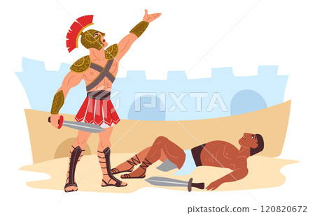 Gladiators fight scenes. Roman warriors. People in armor. Muscular legionnaires in battlefield. Colosseum battles. Soldiers attacking and defending with weapon. Splendid vector concept 120820672