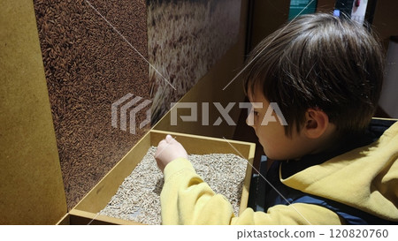 A boy in a modern museum touches gadgets for sensory learning. The concept of inclusive educational spaces for children 120820760