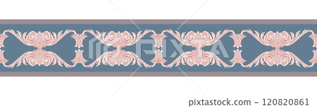 Seamless ribbon pattern, beautiful lace vignettes. Decorative border for template in vintage style. Baroque motifs for fabrics and textiles, wallpaper, packaging, frames, ribbons, any creative idea. 120820861