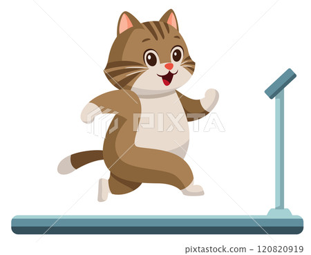 Illustration of a slightly overweight cat running on a treadmill (smiling) Illustration of a slightly overweight cat running on a treadmill (smiling) 120820919